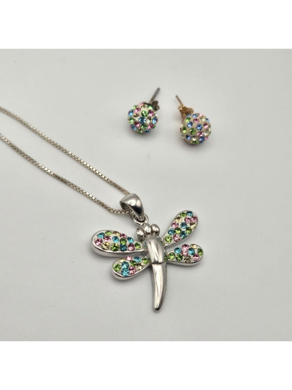 (25 Sterling Silver Dragonfly Necklace Crystal Stud Earrings Set Multicolor Gems